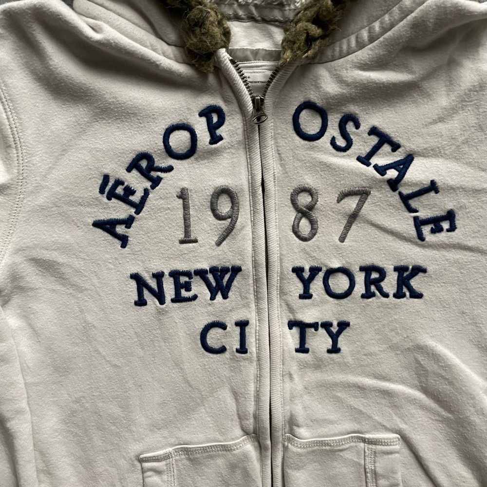 Vintage Aeropostale Hooded Zip Up Hoodie Womens XL White Y2K Faux Fur Trim - Picture 2 of 6